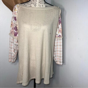 Cato 26/28 waffle knit pastel floral plaid print ruffle accent 3/4 sleeve tunic